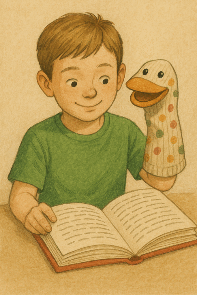 A child holding a sock puppet while reading a book.